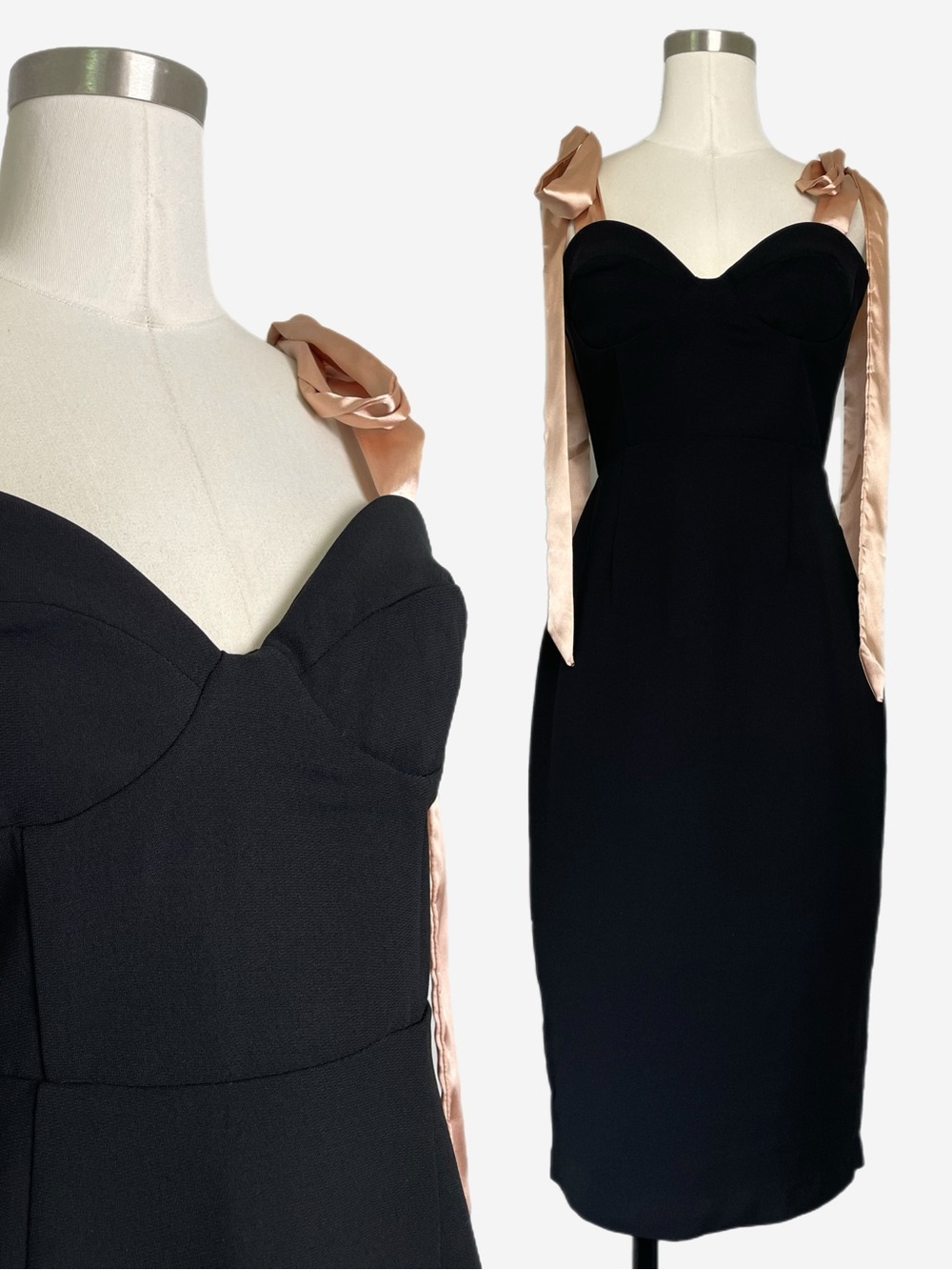 Aliava NWT Black Arezu Bow Tie Strap Midi Dress corset modern sexy classic M